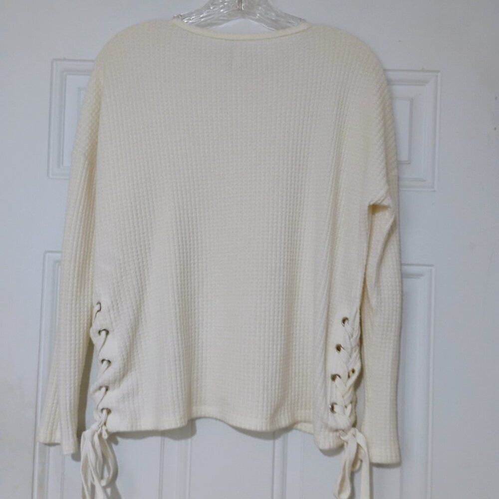 Z Supply Top Women's Thermal Waffle Knit Boho Laced Side Ties Oversized Cozy XS - Picture 7 of 13